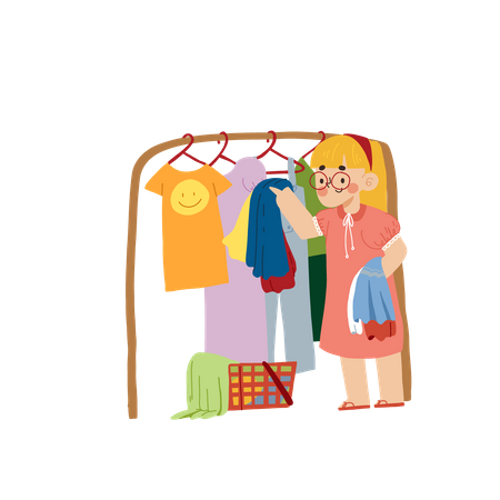 Chica haciendo tela de segunda mano  Ilustración