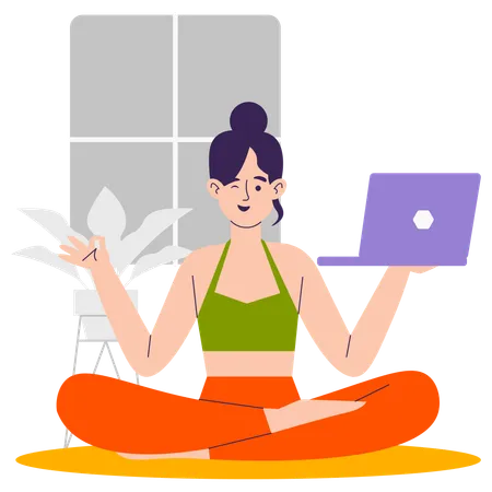 Chica haciendo trabajo mientras hace yoga  Ilustración