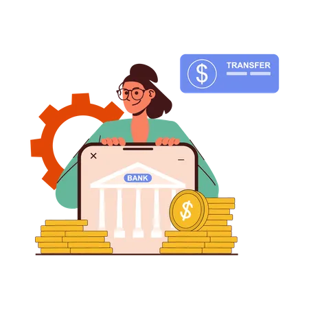 Chica haciendo transferencia de dinero en línea  Ilustración