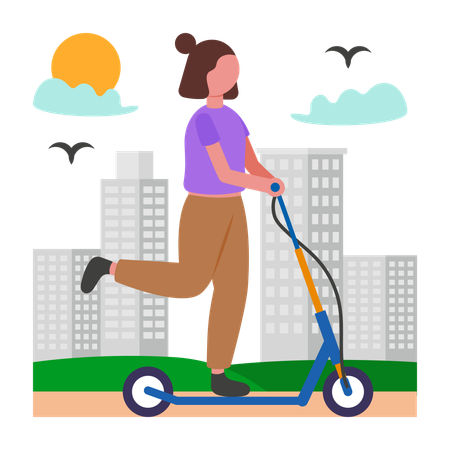 Chica haciendo un recorrido por la ciudad en scooter  Ilustración