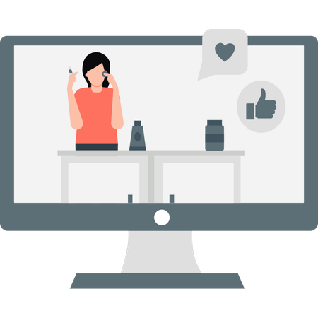 Chica haciendo videos de promoción de cosméticos.  Ilustración