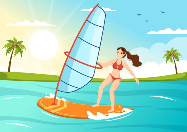 Chica haciendo windsurf  Ilustración