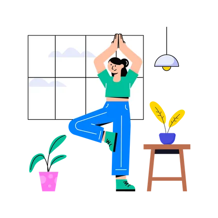 Chica haciendo yoga en casa  Ilustración