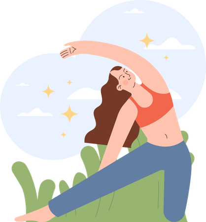 Chica haciendo yoga en la naturaleza al aire libre  Ilustración