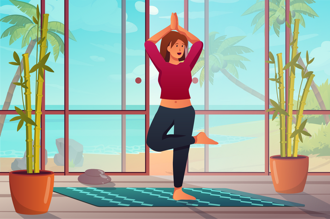 Chica haciendo yoga en la sala de yoga  Ilustración