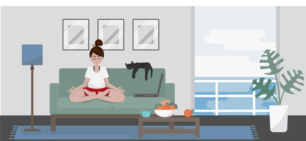 Chica haciendo yoga en yoga  Ilustración