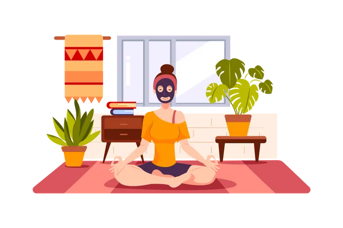 Chica haciendo yoga y meditación en casa.  Ilustración