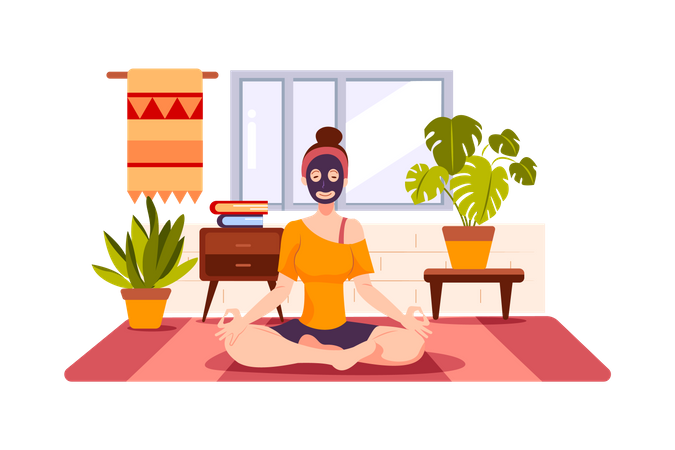 Chica haciendo yoga y meditación en casa.  Ilustración