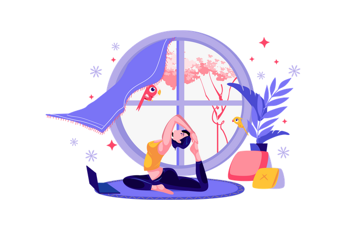 Chica haciendo yoga y meditación en casa.  Ilustración