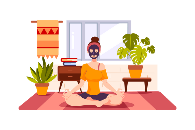 Chica haciendo yoga y meditación en casa.  Ilustración