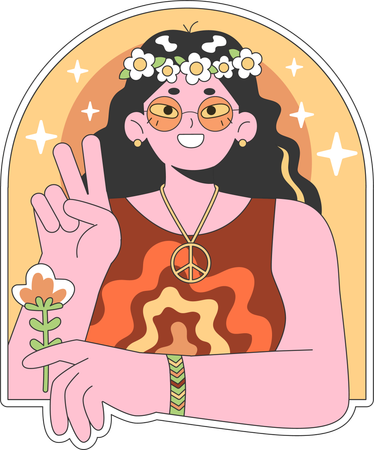 Chica hippie con gesto de victoria  Ilustración