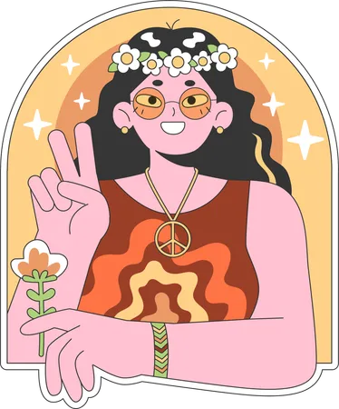 Chica hippie con gesto de victoria  Ilustración