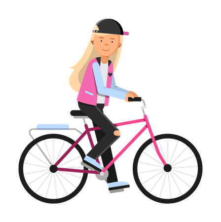 Chica hipster montando bicicleta  Ilustración