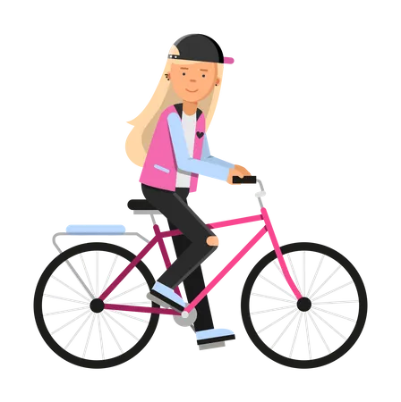 Chica hipster montando bicicleta  Ilustración