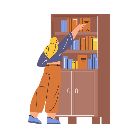Niña hojeando libros en una estantería  Ilustración