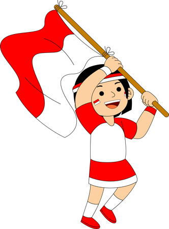 Niña indonesia corriendo con la bandera de Indonesia  Ilustración