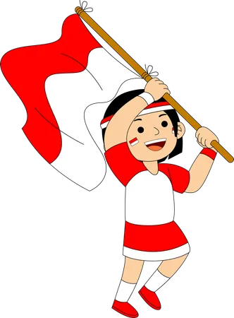 Niña indonesia corriendo con la bandera de Indonesia  Ilustración