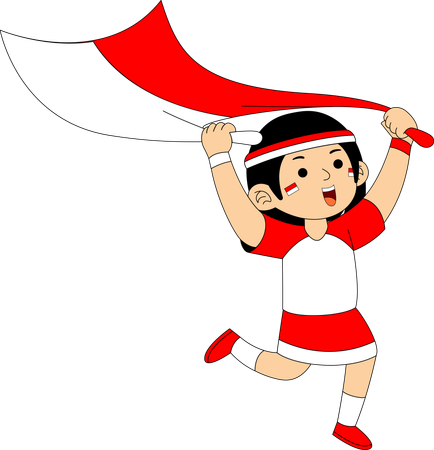 Niña indonesia corriendo con la bandera de Indonesia  Ilustración