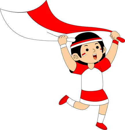 Niña indonesia corriendo con la bandera de Indonesia  Ilustración