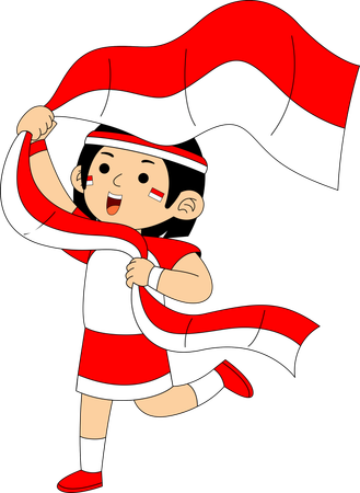 Niña indonesia corriendo con la bandera de Indonesia  Ilustración