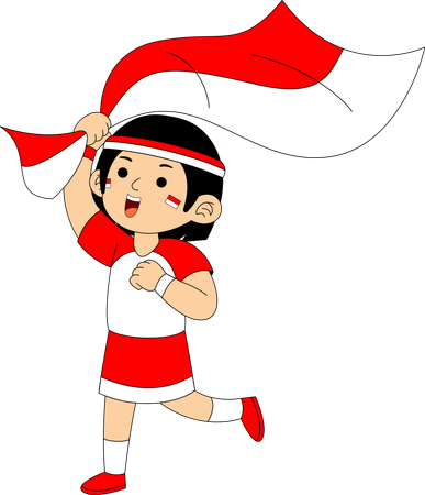 Niña indonesia corriendo con la bandera de Indonesia  Ilustración