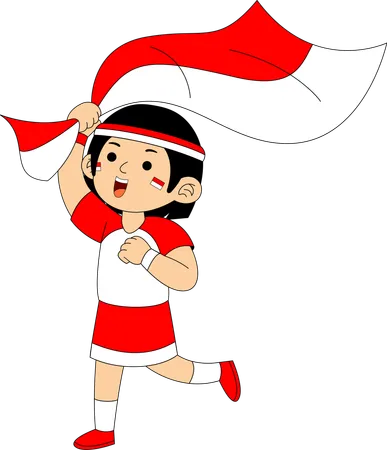 Niña indonesia corriendo con la bandera de Indonesia  Ilustración