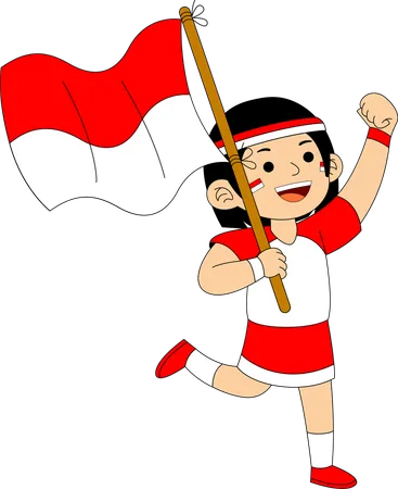 Niña indonesia corriendo mientras sostiene la bandera de Indonesia  Ilustración