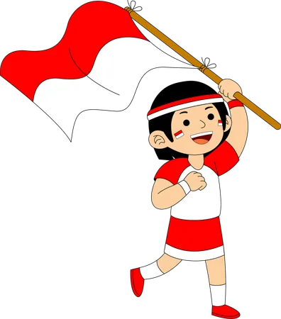 Niña indonesia sosteniendo la bandera de Indonesia  Ilustración