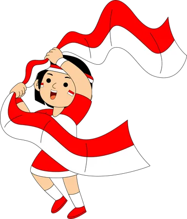 Niña indonesia sosteniendo la bandera de Indonesia  Ilustración