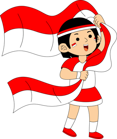 Niña indonesia sosteniendo la bandera de Indonesia  Ilustración