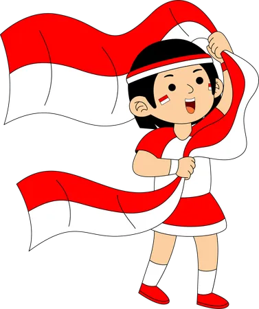 Niña indonesia sosteniendo la bandera de Indonesia  Ilustración