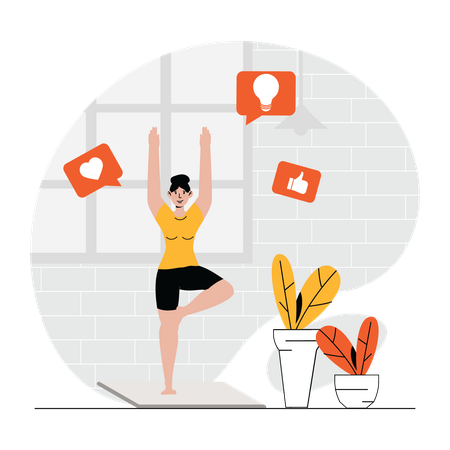 Chica influencer haciendo yoga en casa.  Ilustración