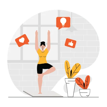 Chica influencer haciendo yoga en casa.  Ilustración