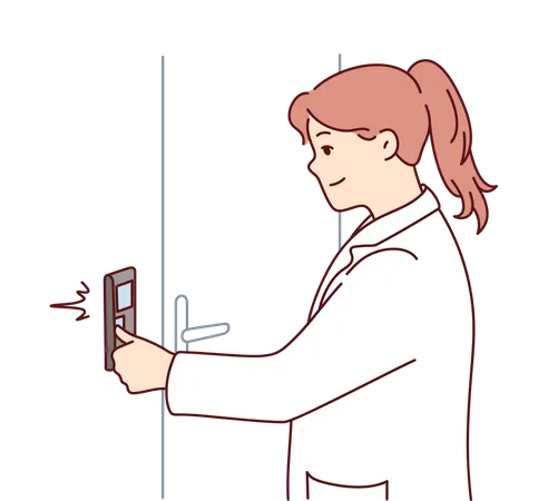 Chica introduce el pin de desbloqueo en la cerradura de la puerta  Ilustración