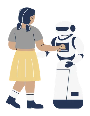 Chica interactuando con un camarero robot  Ilustración