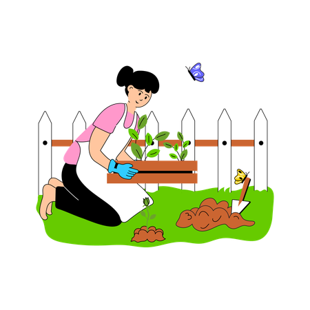 Chica jardinera plantando flores  Ilustración