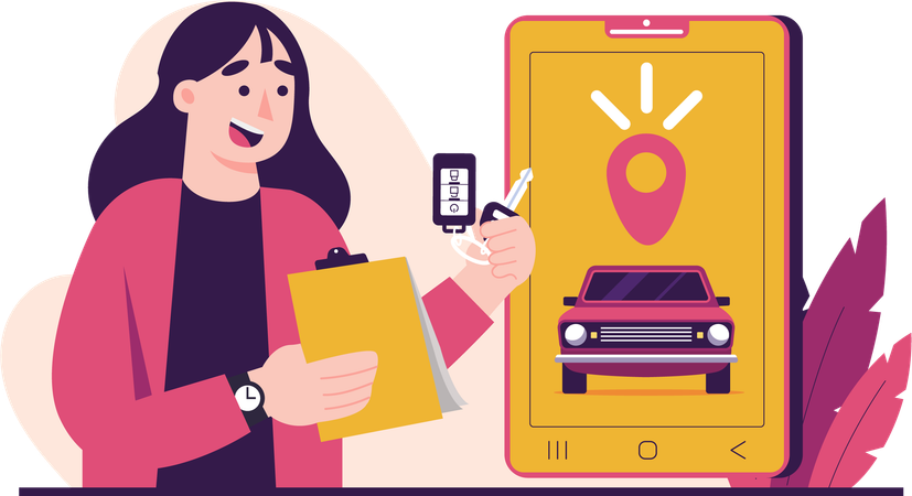 Chica joven comprobar coche  Ilustración