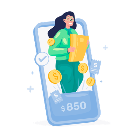 Chica joven con aplicación de banca digital  Ilustración