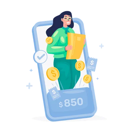 Chica joven con aplicación de banca digital  Ilustración