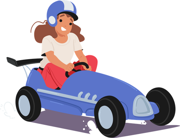 Chica joven con casco de carreras y conduciendo un coche de pedales  Illustration