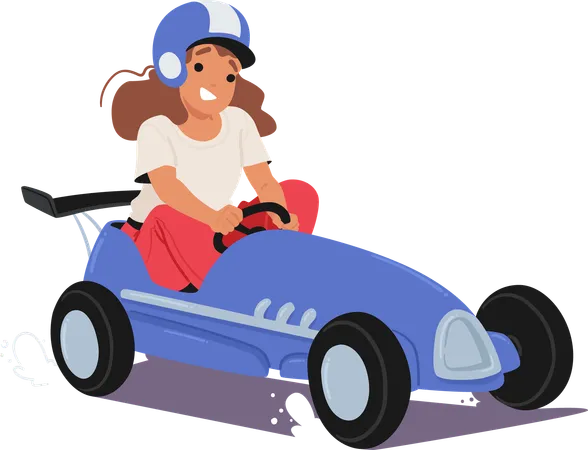 Chica joven con casco de carreras y conduciendo un coche de pedales  Illustration