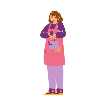 Chica joven con delantal y pinceles para pintar  Ilustración