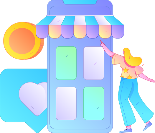 Chica joven haciendo compras con el móvil  Ilustración