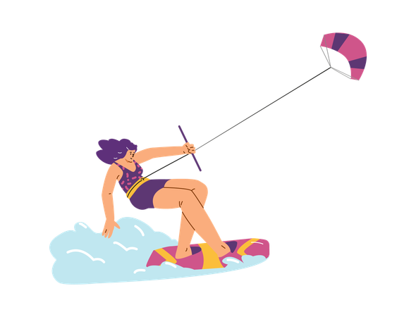 Chica joven haciendo kitesurf en el mar  Ilustración