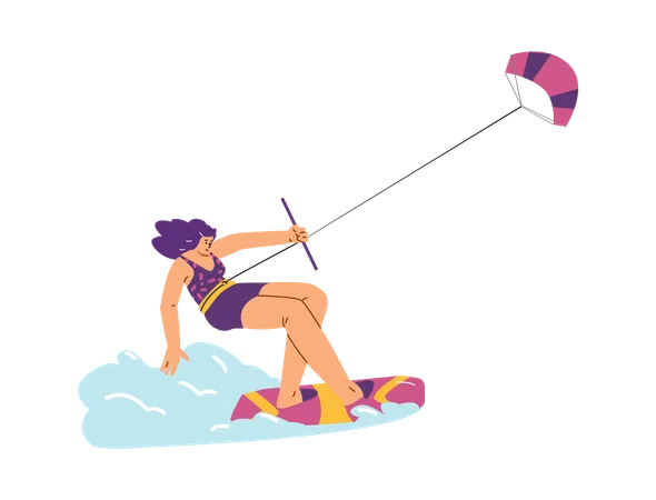 Chica joven haciendo kitesurf en el mar  Ilustración