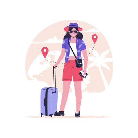 Chica joven que va de viaje por el mundo  Ilustración