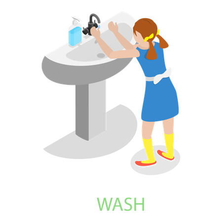 Niña lavándose las manos en el lavabo  Ilustración