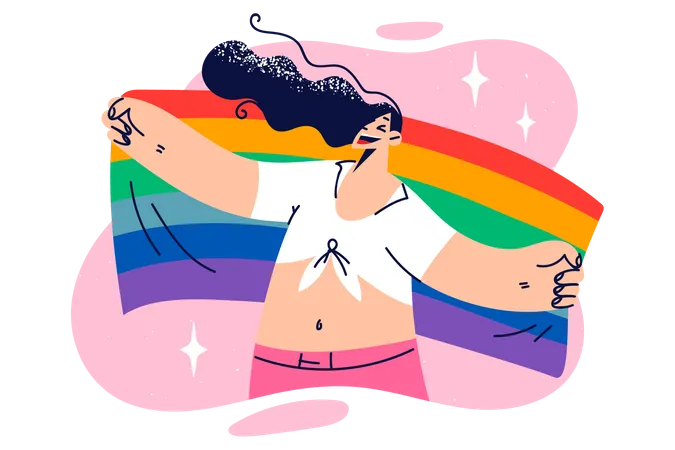 Chica lesbiana sosteniendo bandera LGBTQ  Ilustración