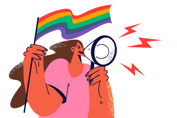 Chica lesbiana sosteniendo bandera LGBTQ  Ilustración