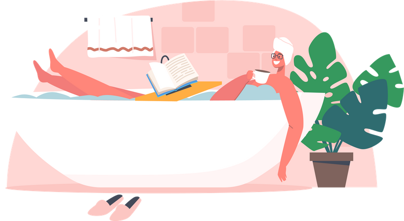 Chica leyendo mientras se baña en la bañera  Ilustración
